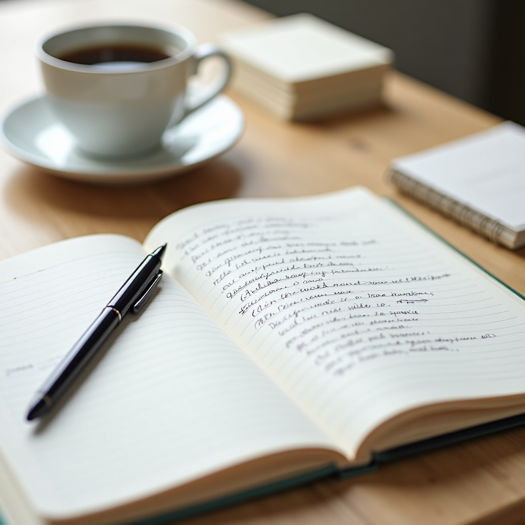 Aufgeschlagenes Notizbuch mit strukturierten Notizen neben einer Kaffeetasse auf einem modernen Schreibtisch
