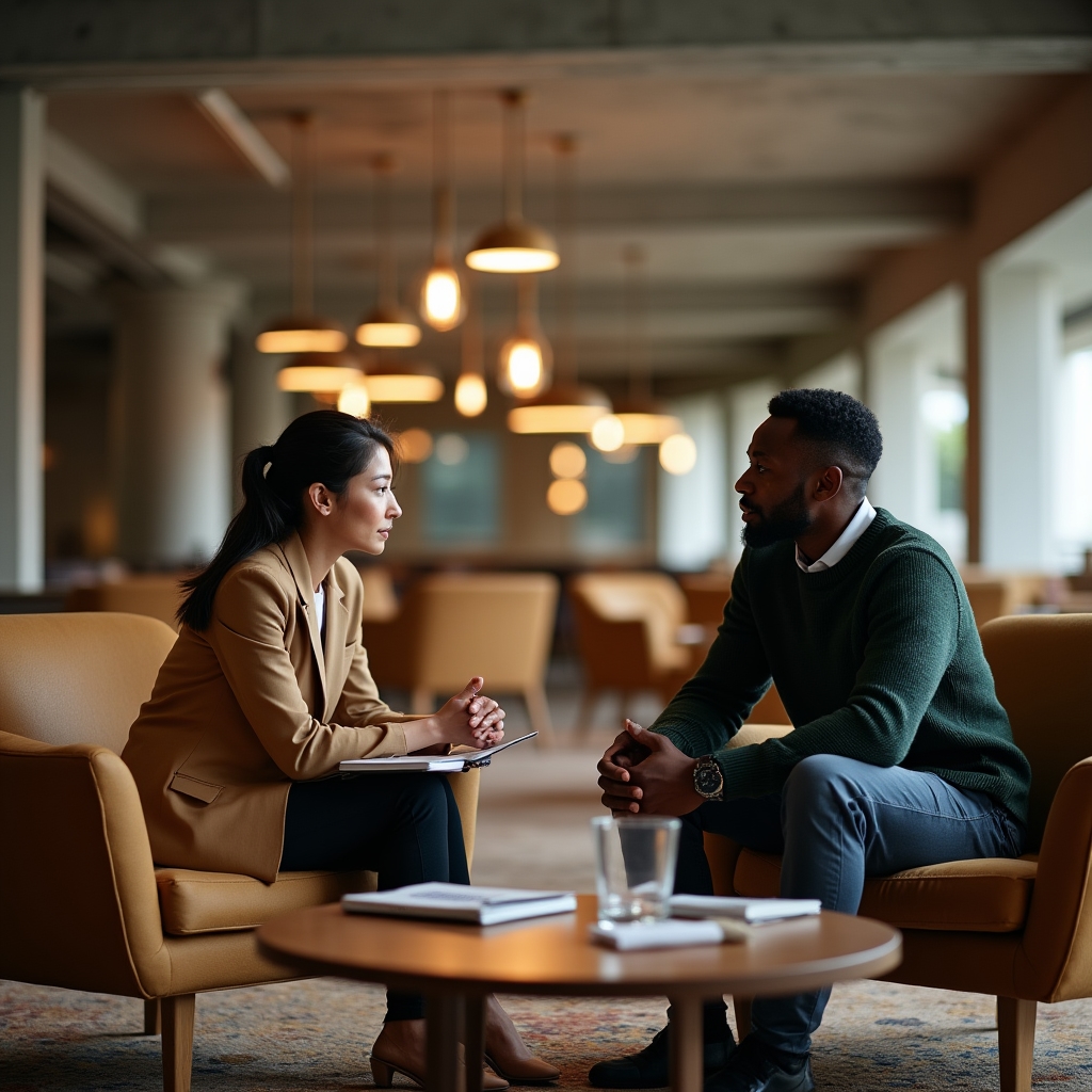Kleines Team von Fachleuten in einem modernen Lounge-Bereich bei einer Besprechung